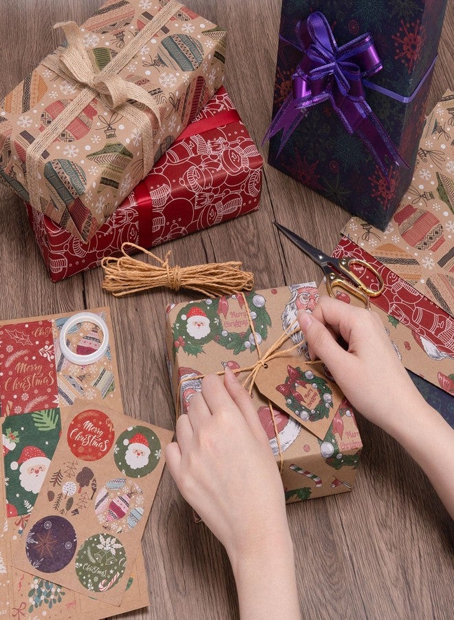 Toptime Christmas Wrapping Paper 8 Sheets, Folded Flat Kraft Gift Wrapping Paper with Stickers Tags Paper String, Vintage Brown Christmas Gift Wrap with Santa Claus Snowmans Snowflakes Xmas Ball - Image 3